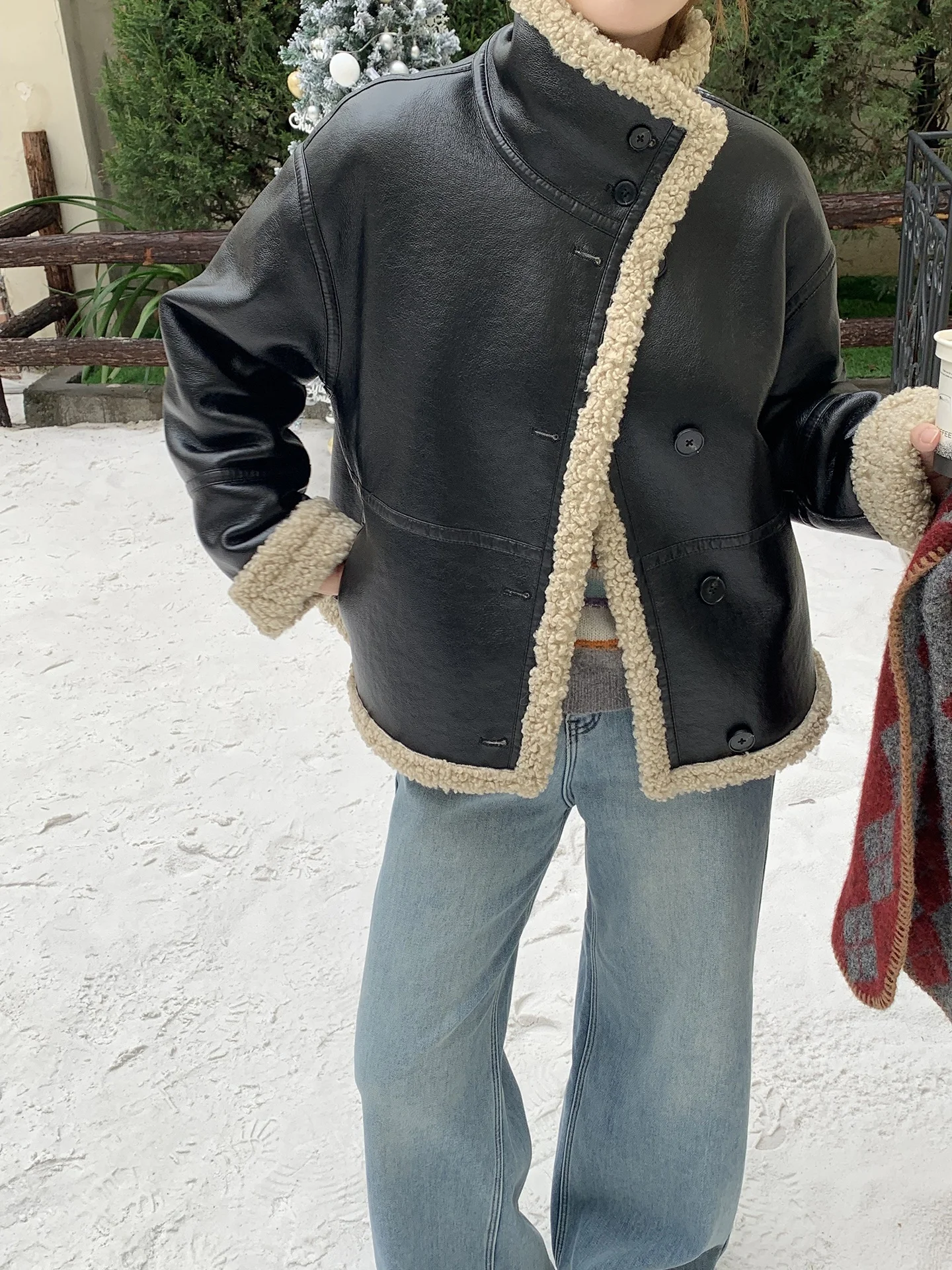 ELINSU Chaqueta de Piel de Cordero Reversible para Mujer, Cuello Vintage Hoado, Abrigo Corto de Cuero PU, Cálido y ueso, ...