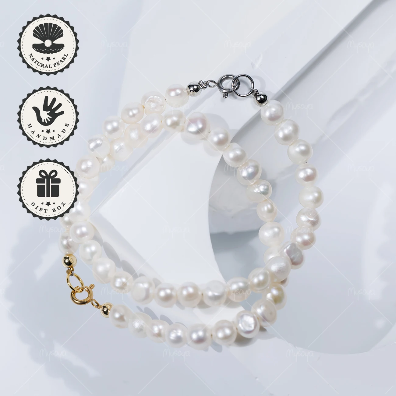 

MYSOYA 5-6mm White Freshwater Pearl Bracelet with Minimalist Golden or Silvery Bubble Clasp, Birthday Gift, Valentine’s Day