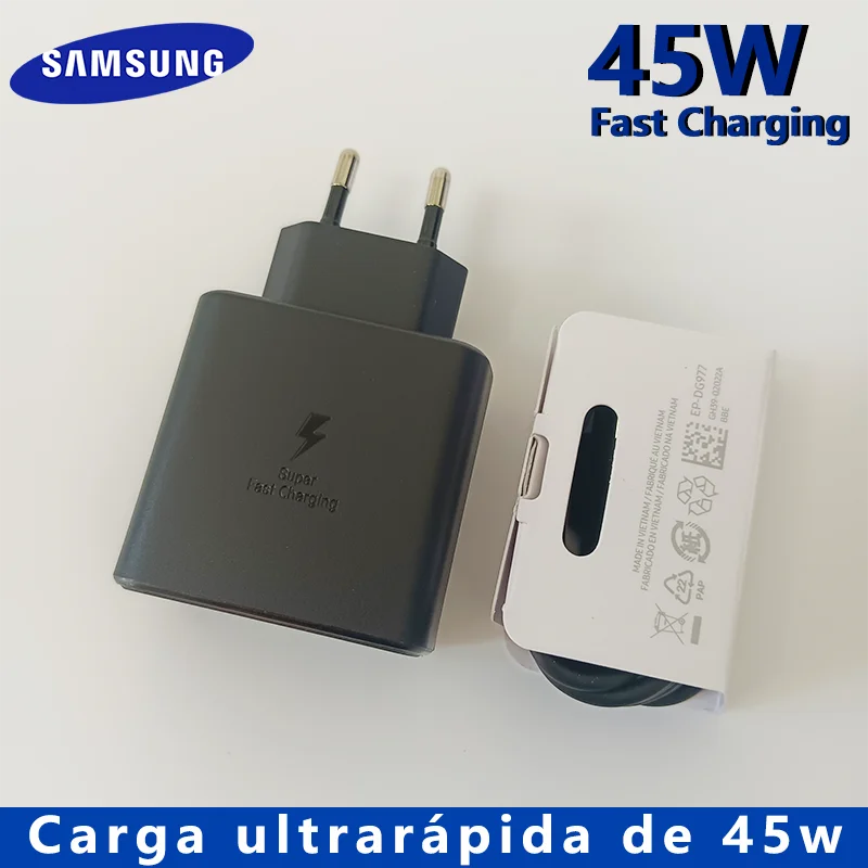 Cargador Original Samsung de 45W con Carga Rápida Tipo C para Galaxy S26+ S25 Ultra S24 FE S23 A07 A55 Note 20 5G F70e F56 F07 F16