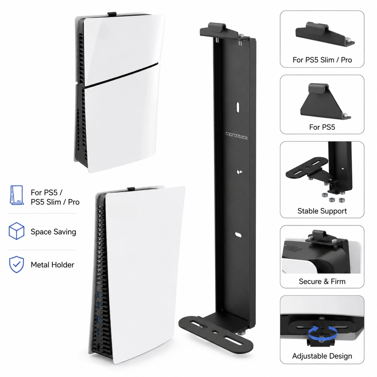 For PS5 Wall Mount Bracket Metal Holder for PS5 Slim Pro Disc Digital Edition Space Saving Console Stand with Controller Hook