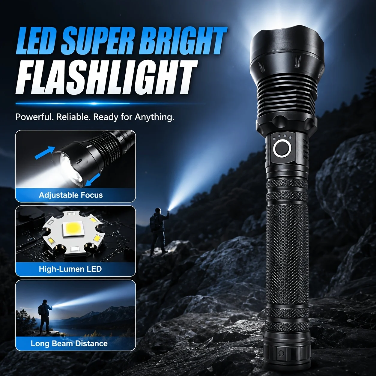 High-Intensity Led Flashlight, with Telescopic Zoom for Freely Switching between Far and Near Light, Power Display Design, Type-C Charging, Durable Plastic Anti-Slip Body, Large Head for Focused Lighting, Stable Grip, Suitable for Outdoor Camping, Hiking, Night Patrols, Power Outages, Home Repairs, Car Use, and Daily Lighting, Comes with Charging Cable, a Portable and Practical Lighting Tool for Multiple Scenarios, Ideal for Both Gifting and Personal Use