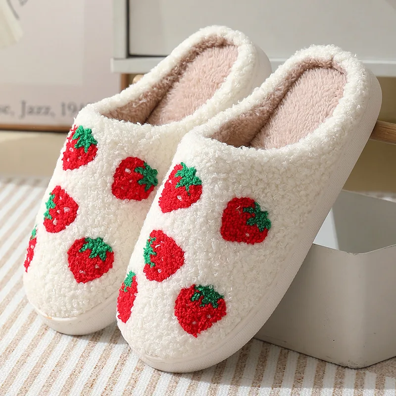 Winter Home Women Slippers Strawberry Casual Faux Fur Warm House Shoes Girls Bedroom Comfy Home Flat Slip-on Slides Shoes