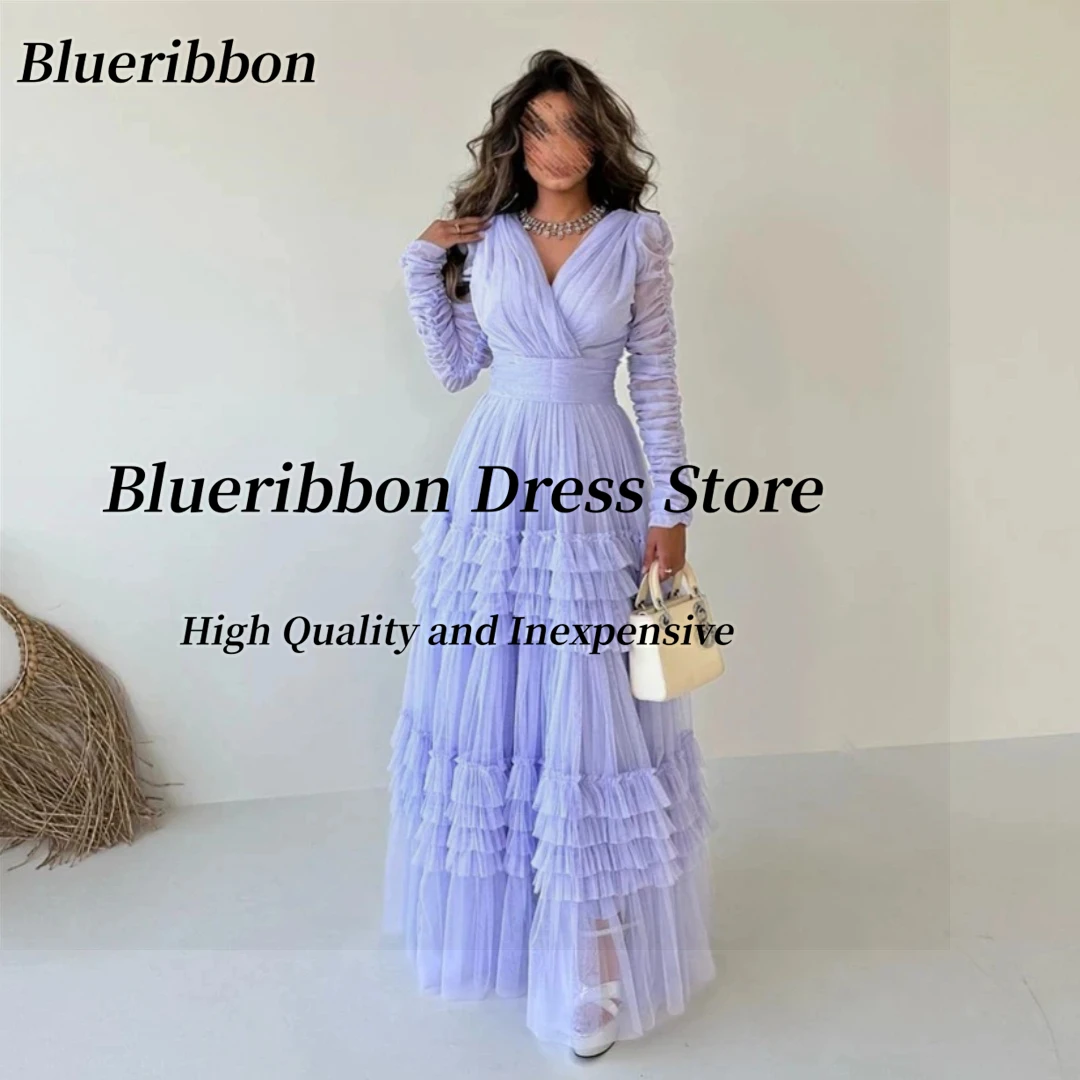 Blueribbon Vestidos De Fiesta V Neck Long Sleeves Prom Dresses Tiered A Line Holiday Party Bride Wear Evening Gowns