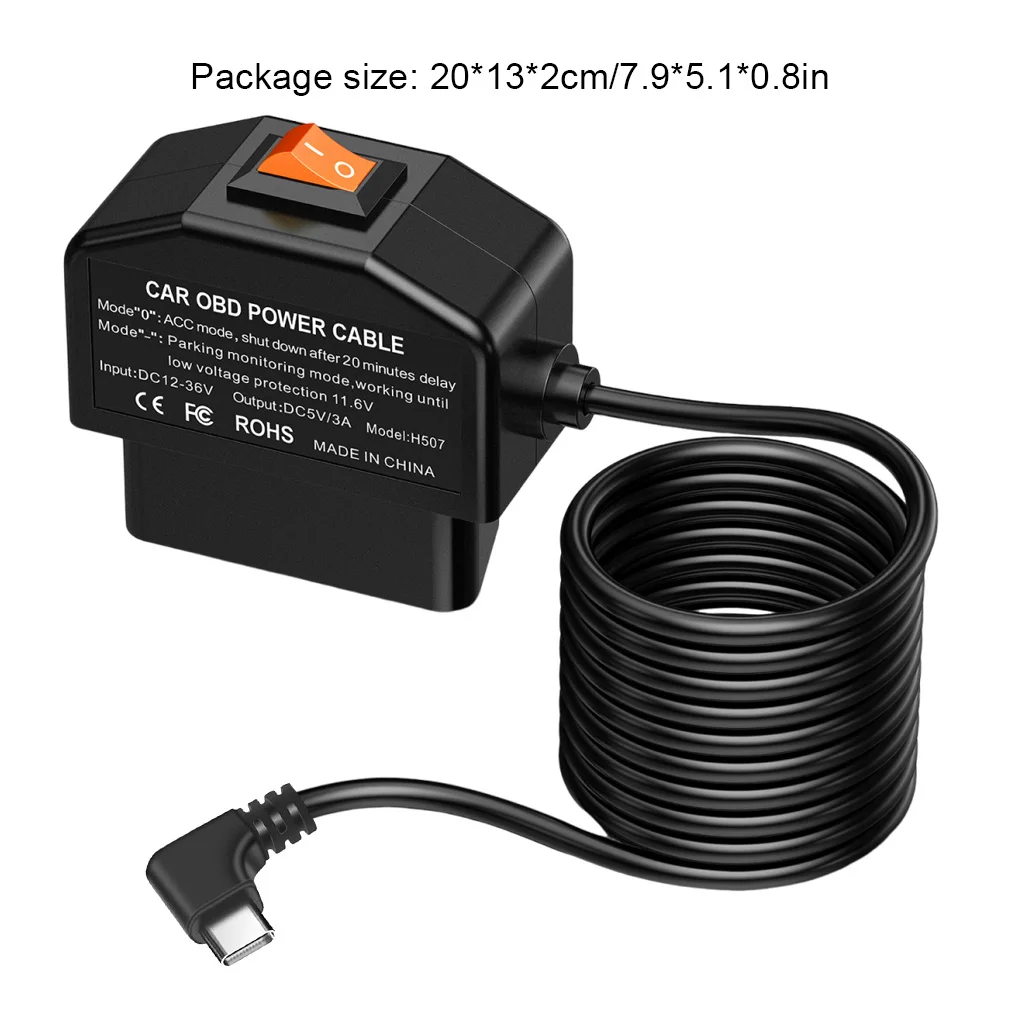 OBDII Power Cable For Dash Camera OBDII Power Cable OBD To Type-C Adapter 12-24V To 5V/3A Battery Protection