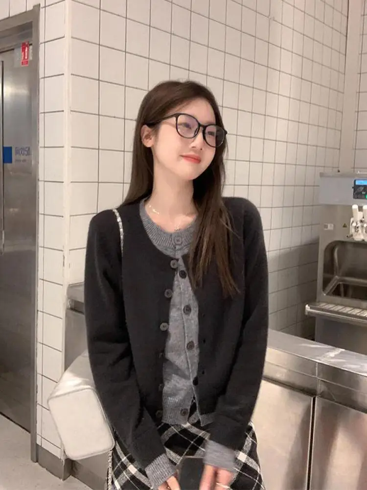 

Винтажный серый лоскутный элегантный короткий кардиган, свитер, женский однобортный вязаный топ с длинными рукавами, одежда, уличная одежда, популярная