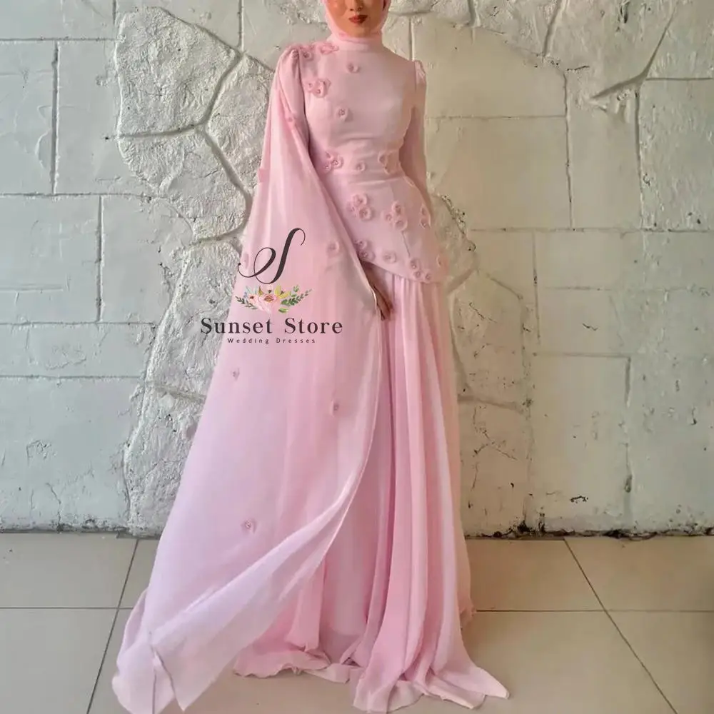 Customized Modest Pink Chiffon High Neck Floral Applique Shoulder Train Wedding Guest Gown A Line Chiffon Abiye Evening Dress