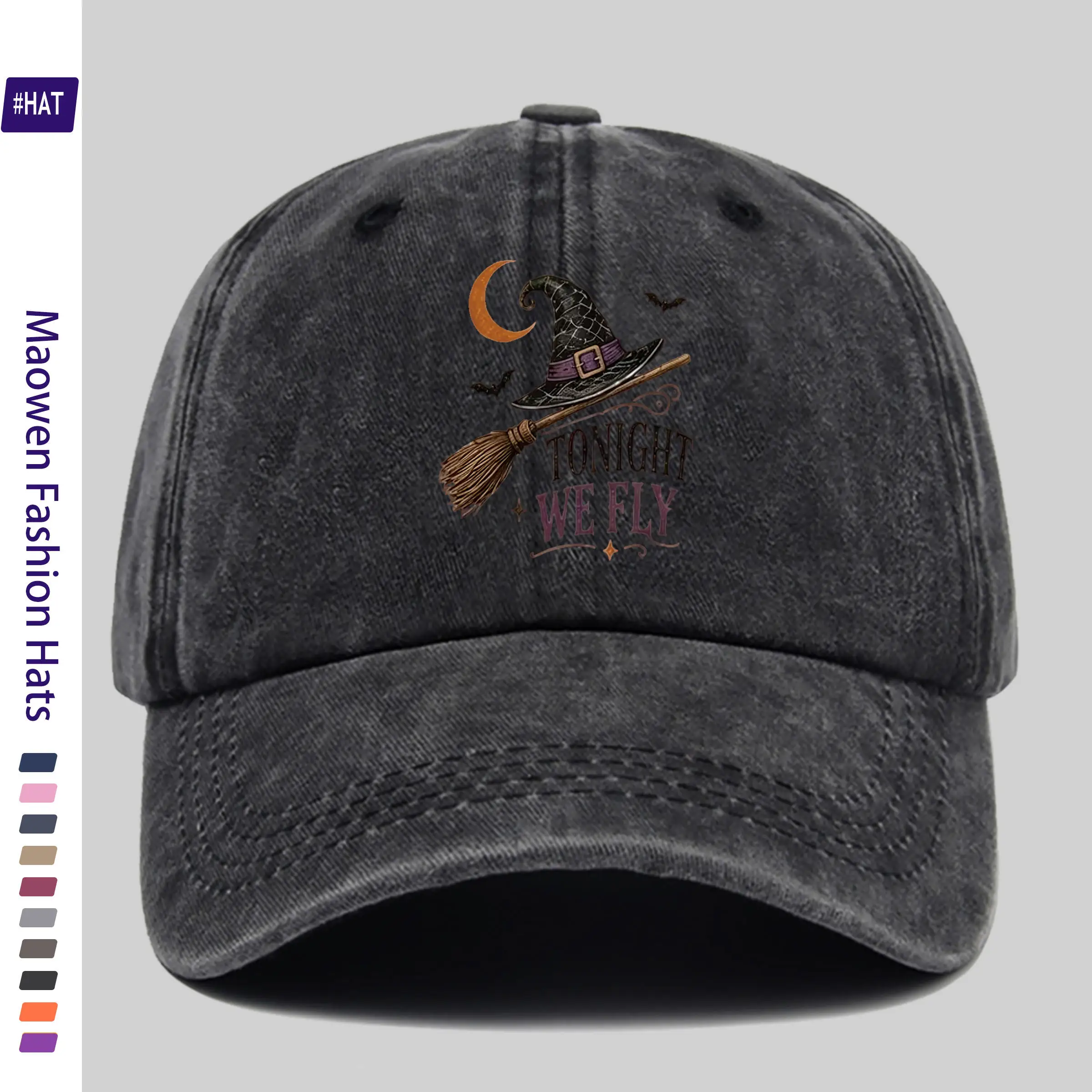 1pc Halloween Witch Broom Magic Hat Bat Moon Pattern Hot-Stamped Unisex Baseball Cap All-Season Retro Washed