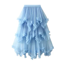 Black fungus edge irregular mesh cake skirt, mid length, high waist, big swing, fluffy fairy gauze skirt, long skirt, 2025 women