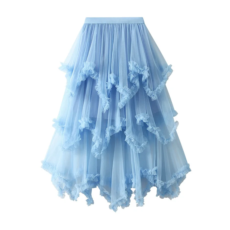 Black fungus edge irregular mesh cake skirt, mid length, high waist, big swing, fluffy fairy gauze skirt, long skirt, 2024 women