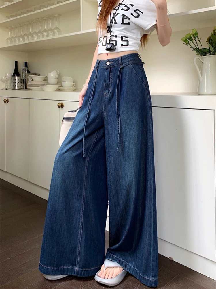 

Темно-синие широкие джинсы женские, лето 202, новая корейская версия, свободные и универсальные прямые брюки на шнурке для поездок на работу