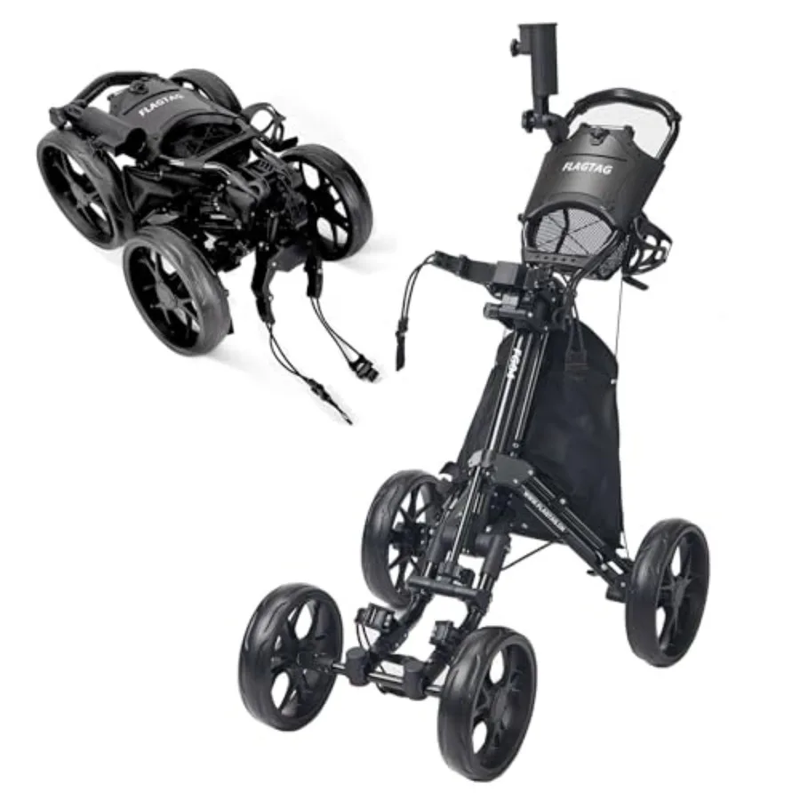 

Golf Push Cart for Outdoor Use, Aluminum Alloy, Black, Foldable with One-Click Mechanism, Adjustable Handle Height, Includes Cu