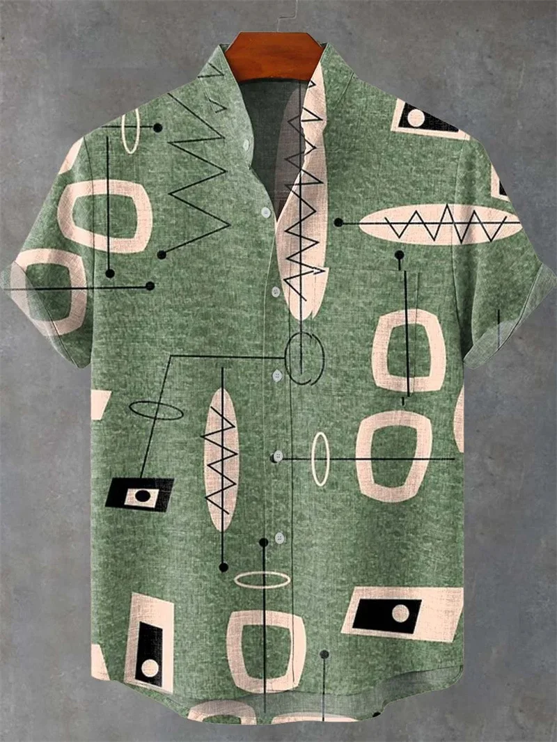 Fashionable men's 3D printed retro pattern design pattern men's button up stand collar comfortable breathable casual plus size s