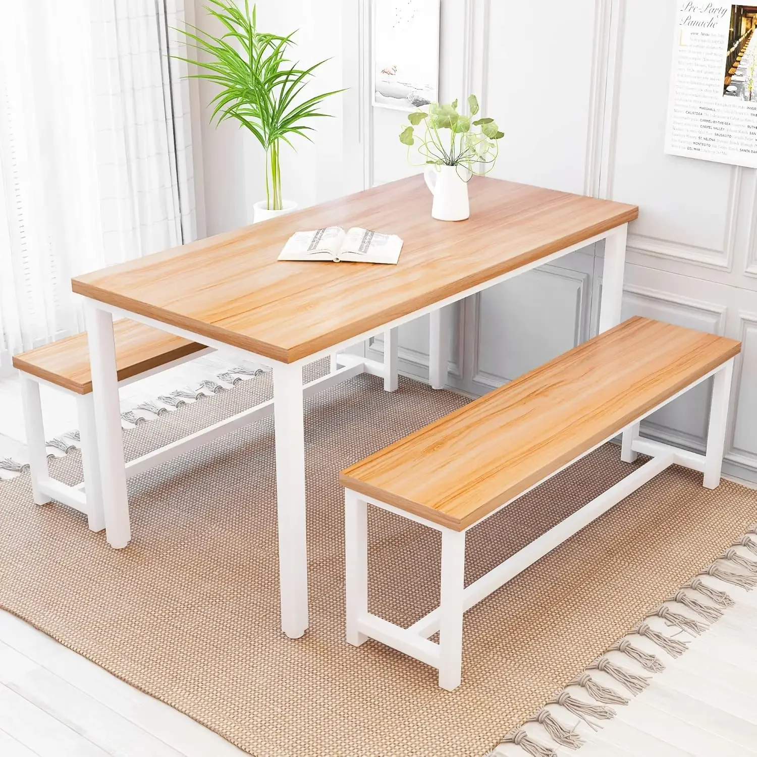 

Dining Table Set with 2 Dining Benches, 3 Piece Farmhouse Dining Room Table Set Industrial Breakfast Nook Table for Small Space