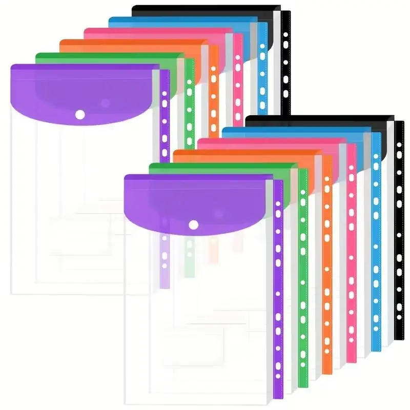 

6/12pcs PP Envelope With Adhesive Holes File Folder Expansion Bag For 2/3/4 Ring File Bag A4 File Bag School Office Colorful