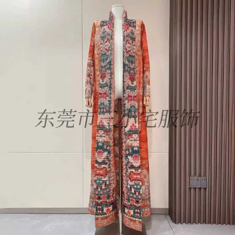 KAF Pleated Women Luxury Trench Coat Retro Printed Cardigan Design Loose Large Size Robe 2024 Spring New Female Abaya