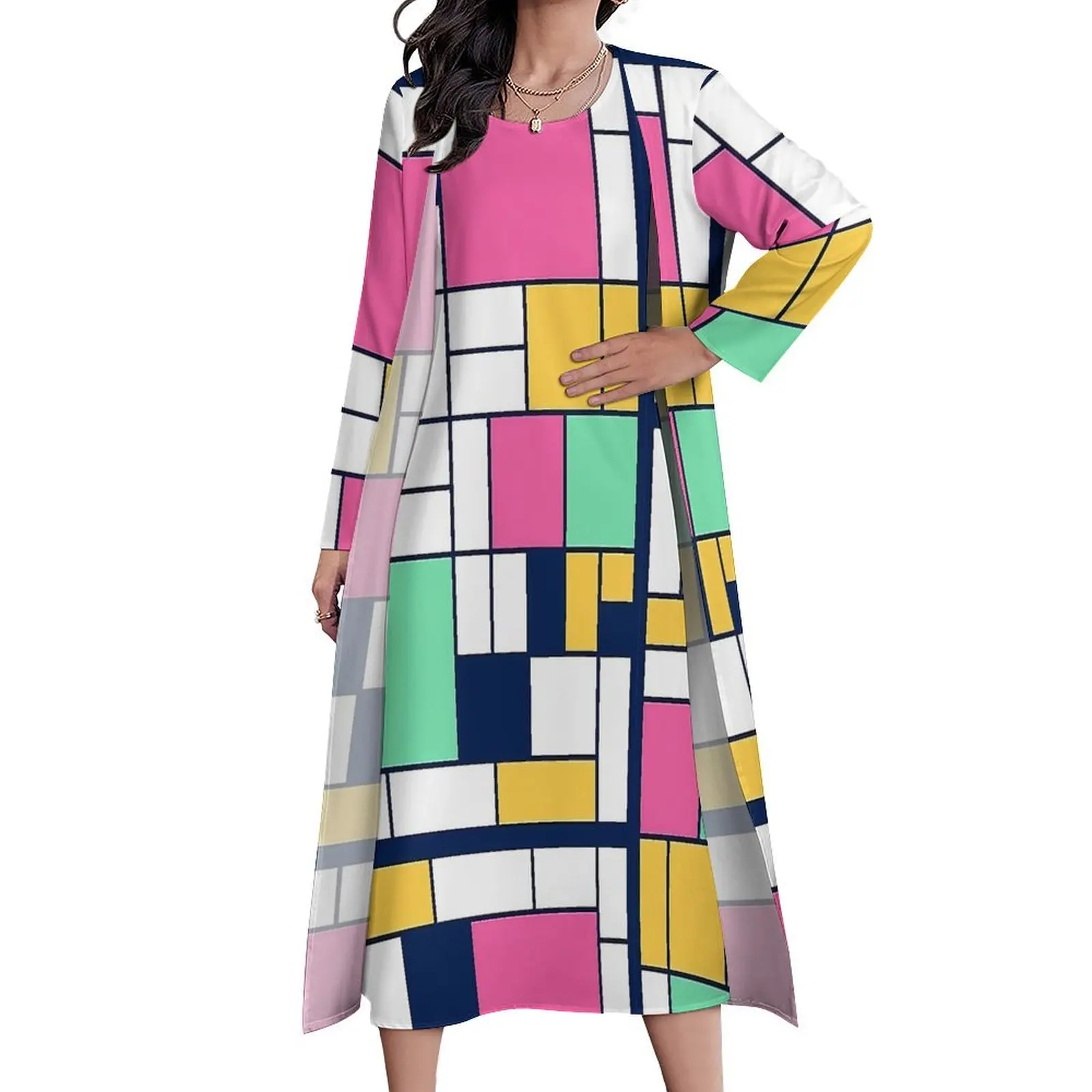 Easter Mondrian  Print Dress Autumn  Street Wear Casual Long Dresses Woman Custom Vintage Maxi Dress 3XL 4XL 5XL