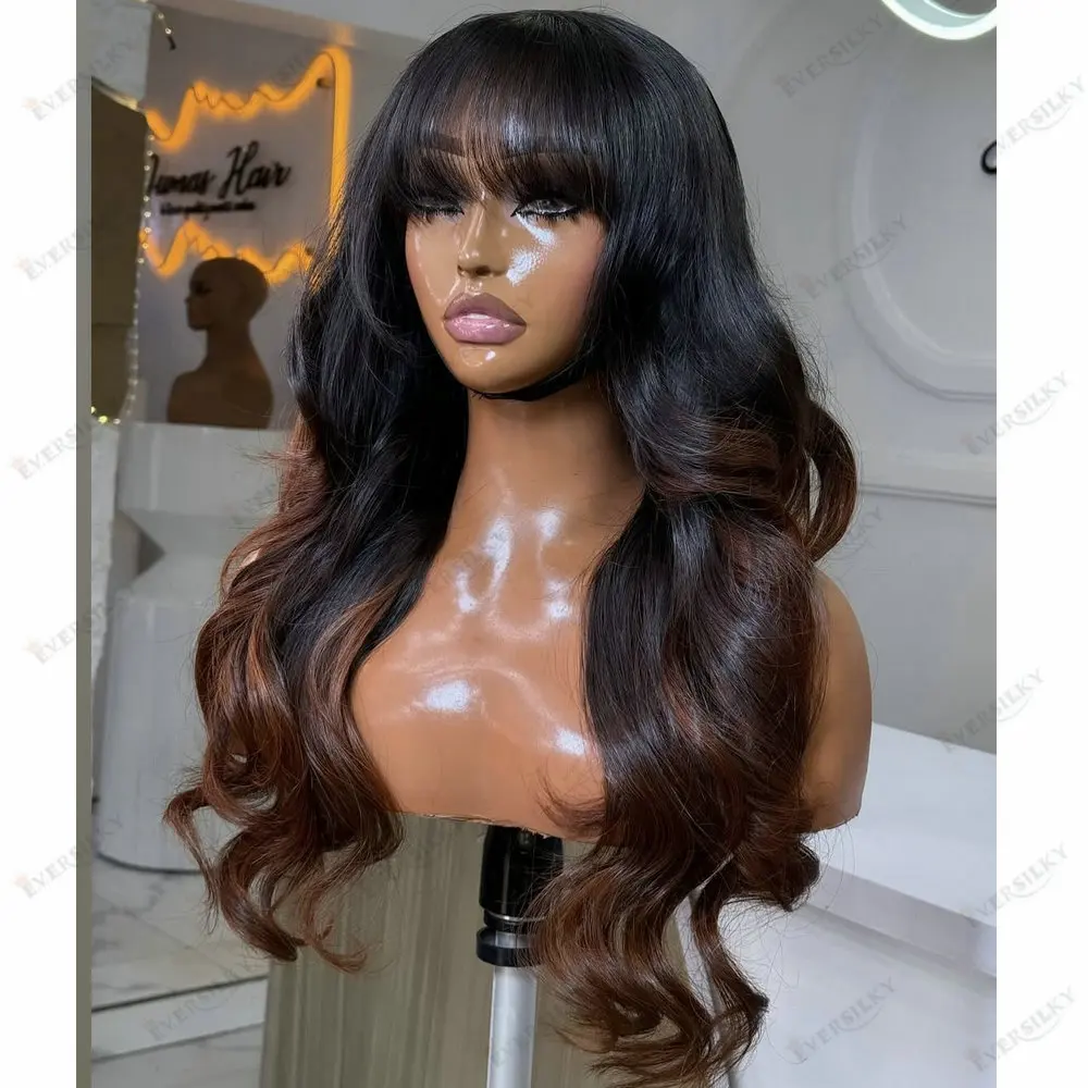 

Remy European Human Hair 360 Lace Wig Body Wave With Bangs Glueless Pre-Plucked Copper Brown Balayage Full Lace Wigs for Women