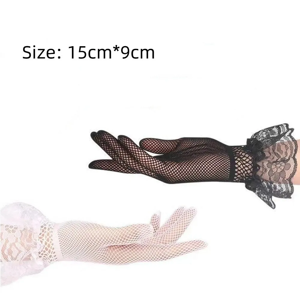 Soft Ruffle Lace Mittens Hollow Out Full Finger Fishnet Mesh Gloves Thin Mesh Driving Gloves