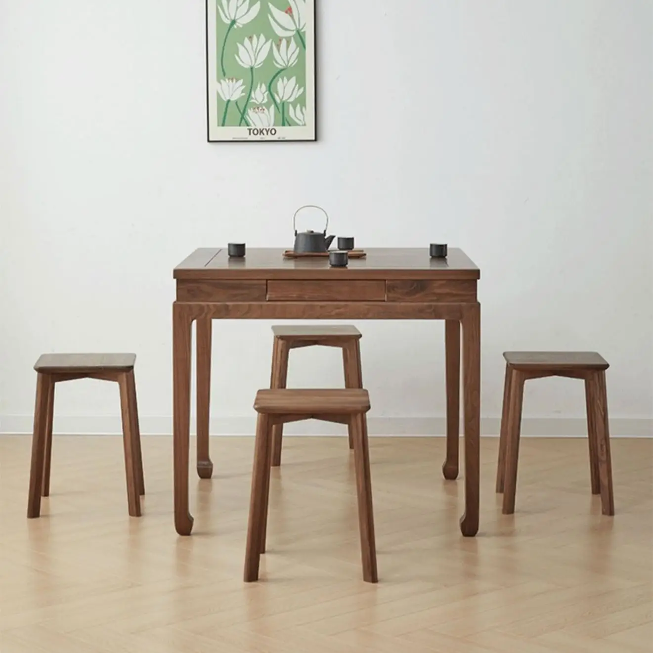 New Chinese Style Solid Black Walnut Square Tea Table Multi-Functional Mahjong & Dining Table for Balcony/Tea Room with Drawers