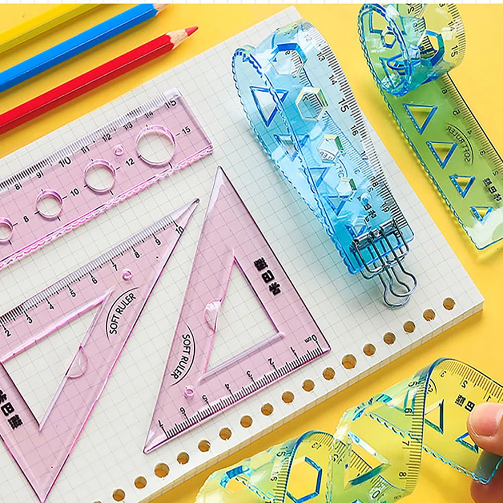 Ensemble de règles souples, 4 pièces, peut plier, outil de mesure créatif, enfant étudiant, géométrie, mathématiques, dessin, papeterie fournitures scolaires et de bureau
