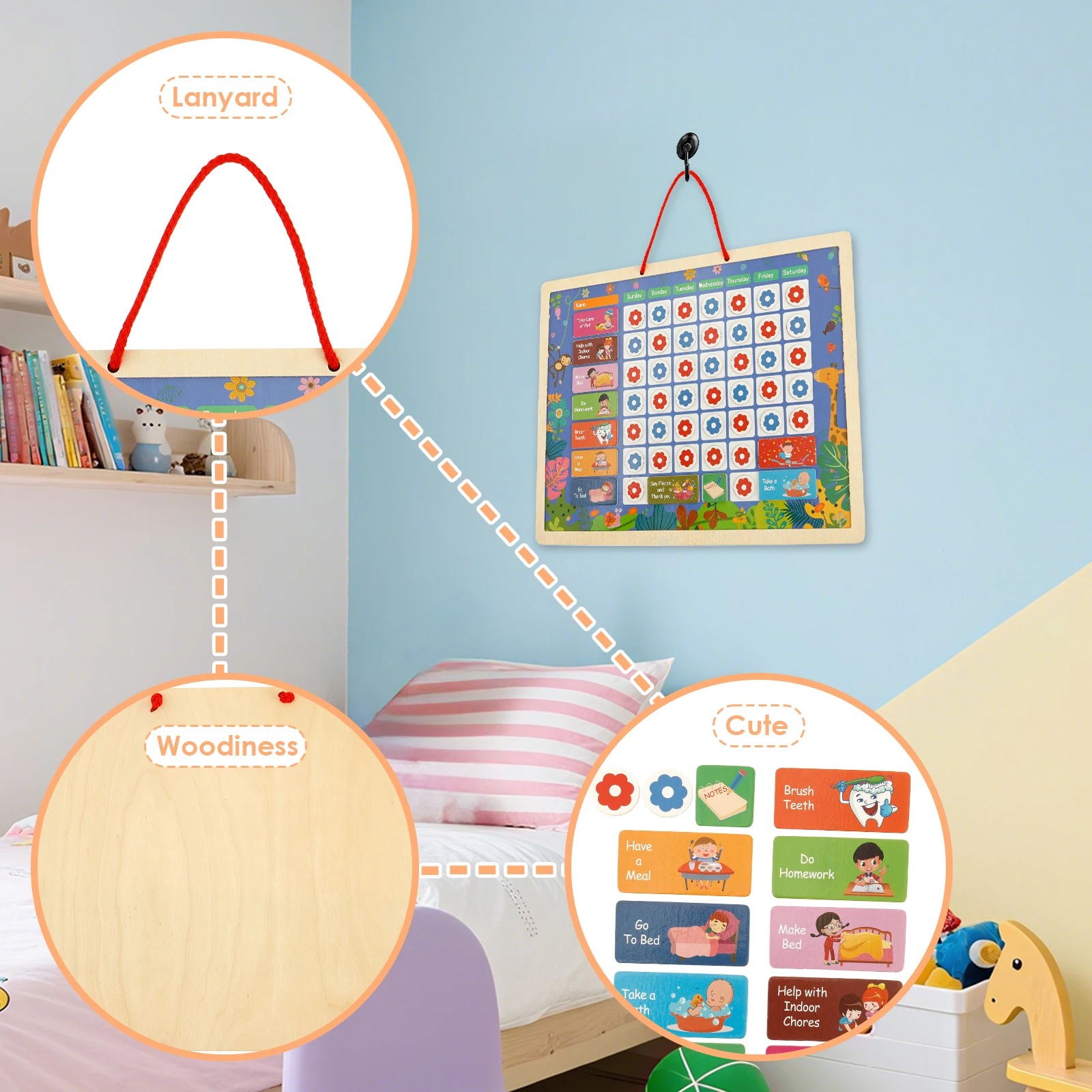 جدول أسبوعي للأطفال مع حبل خشبي مونتيسوري لوح مغناطيسي بناء الأطفال عادات جيدة تشكيل جدول روتيني