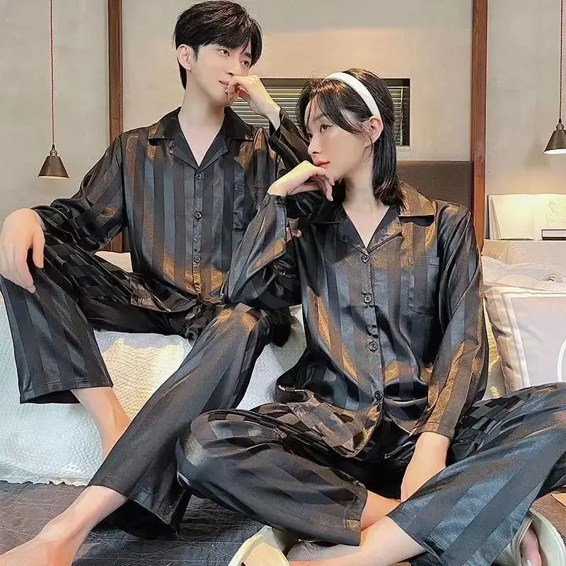 2024 New Couple Pajamas Women Spring Autumn Ice Silk Large Size Sleepwear Long Sleeved Thin Style Summer Men\'s V-neck Homewear