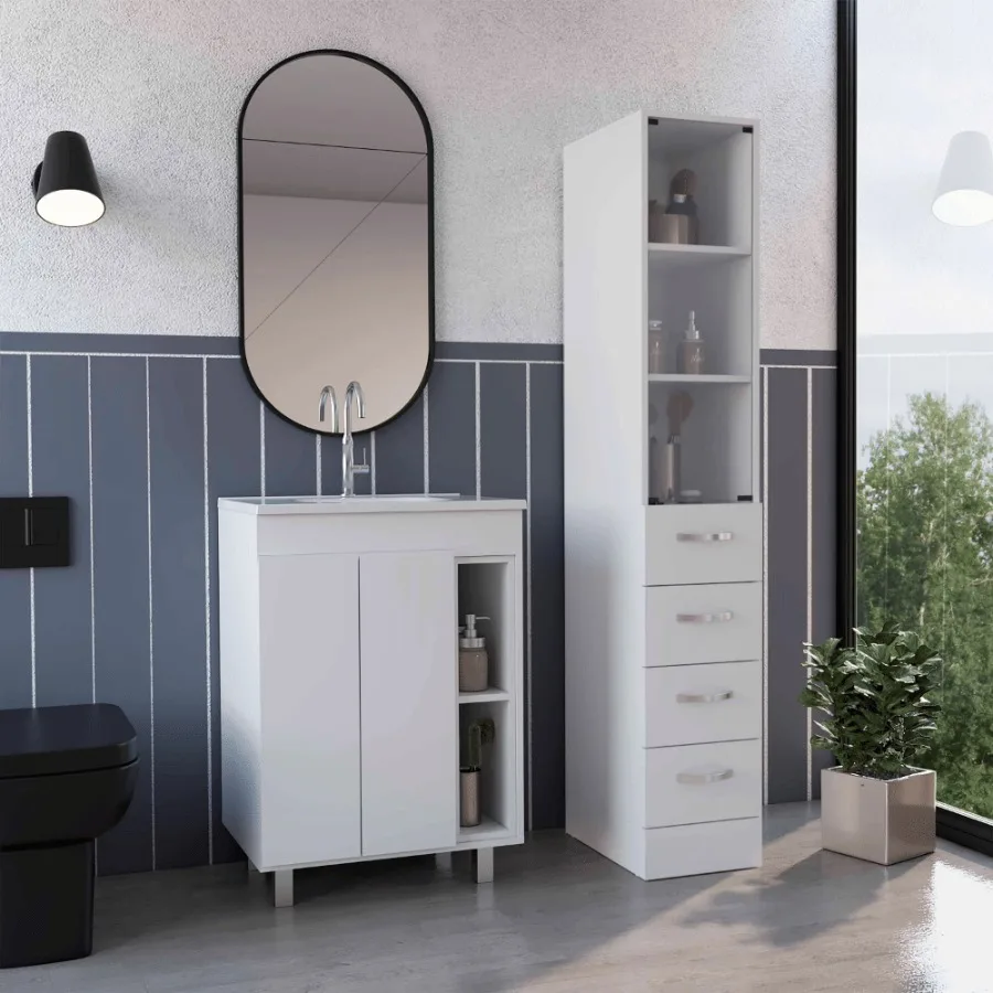 

Montana 2 Piece Bathroom Set Acra Free Standing Vanity + Magna Linen Cabinet White