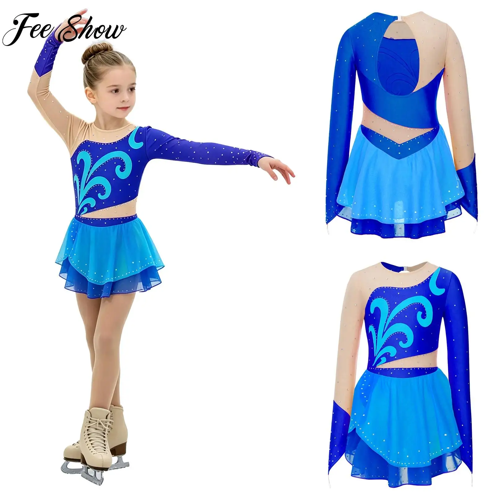 Kids Girls Figure Skating Modern Dance Costume Ballet Lyrical Dance Dress Finger Holes Long Sleeves Mesh Patchwork Leotard Dress