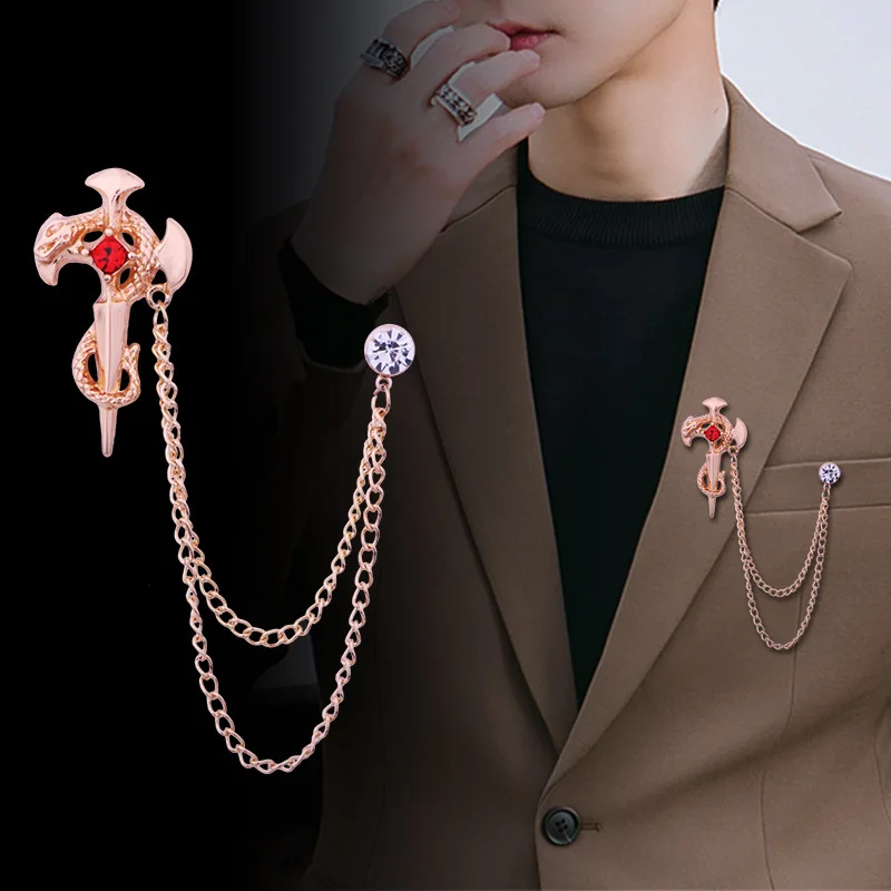 

New Snake Cross Brooch Pin for Men's Suit Trendy Tassel Chain Rhinestone Lapel Pins Fashion Jewelry Accessories