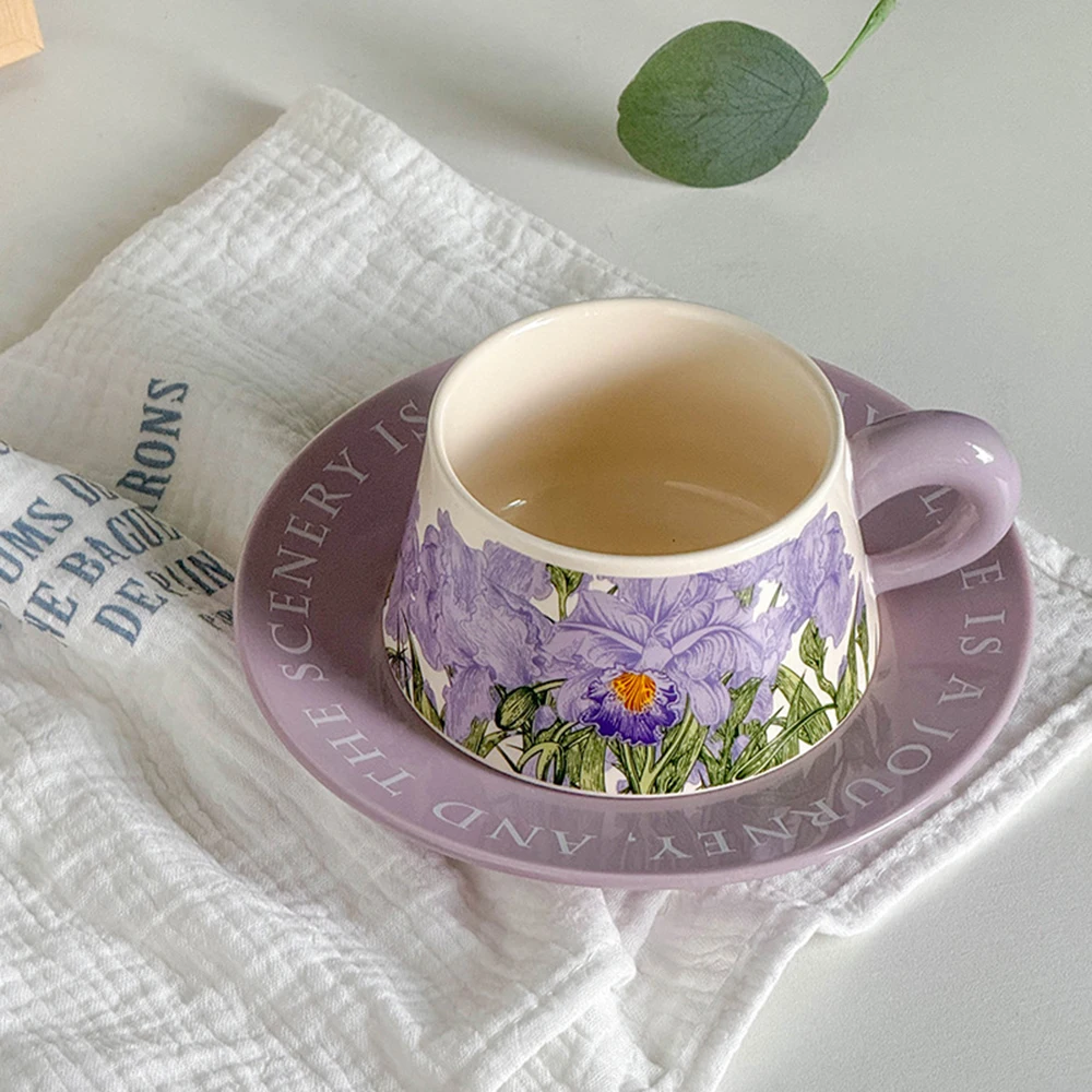 Purple Iris Flower Cup Saucer Set Printed Pattern Coffee Mug French Style Vintage Ceramic Tableware For Home Drinkware