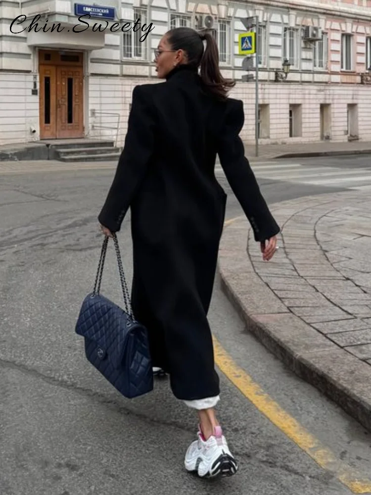 

Elegant Women's Slim Waist Long Trench Coats Black Lapel Full Sleeve Single Breasted Overcoats 2025 2026 Spring Lady Outwear New