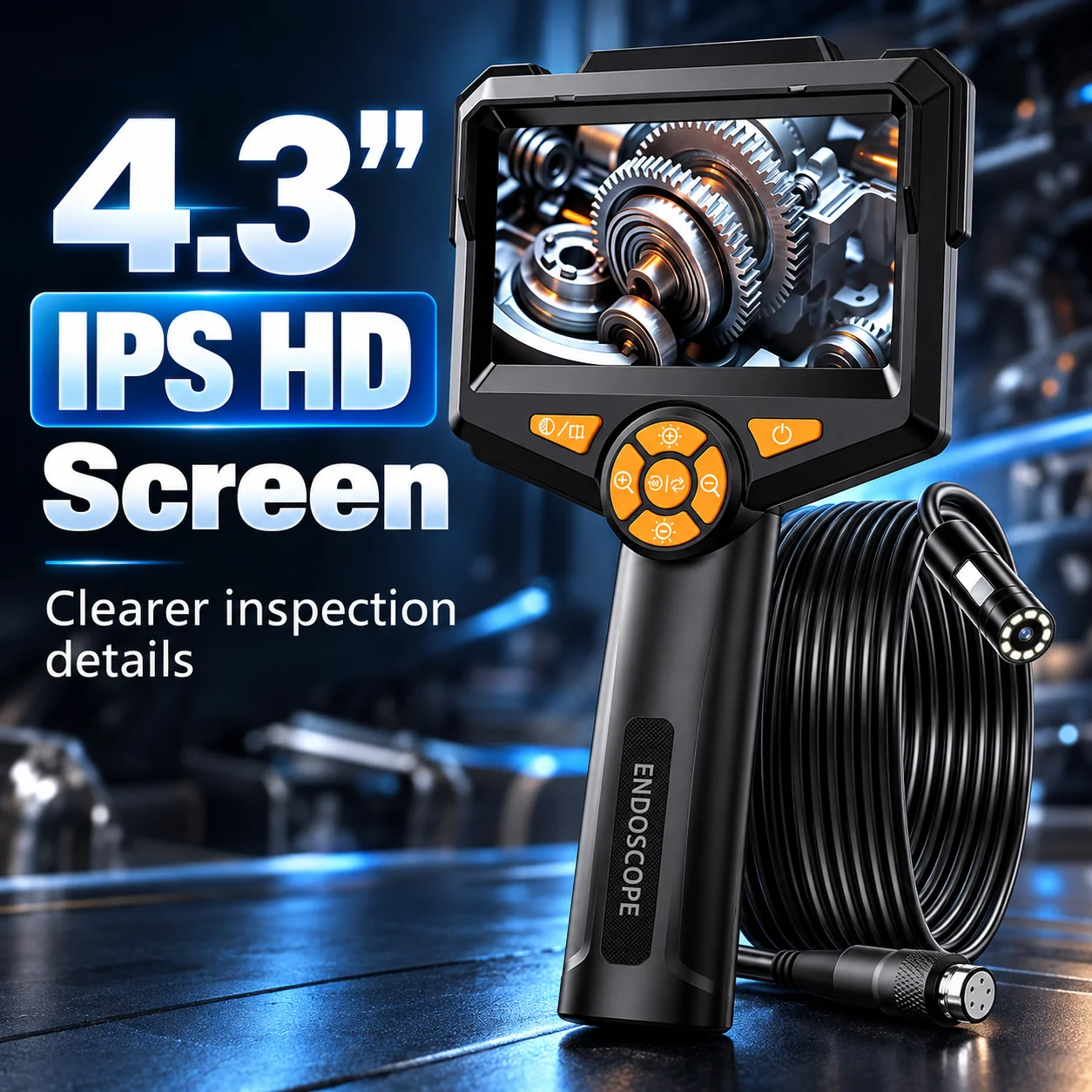 Industrial Endoscope Camera 4.3 inch HD Screen 1080P Snake Camera with Semi Rigid Cable for Auto Engine Drain Inspection