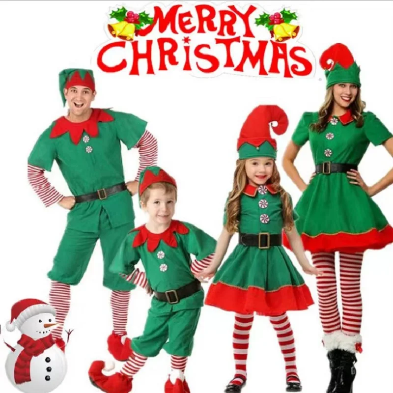 

Family Suits Christmas Santa Claus Costume For Girls Boys Green Elf Cosplay Carnival Party Outfit 2023 Parent-child Clothing