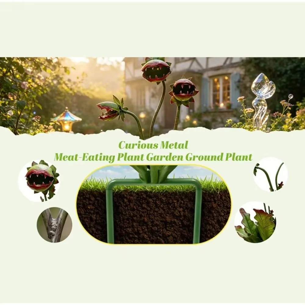 Colorful Painted Metal Flytrap Garden Stake Wrought Iron 3-Head Iron Garden Stake Rust-proof Yard Art Outdoor Yard