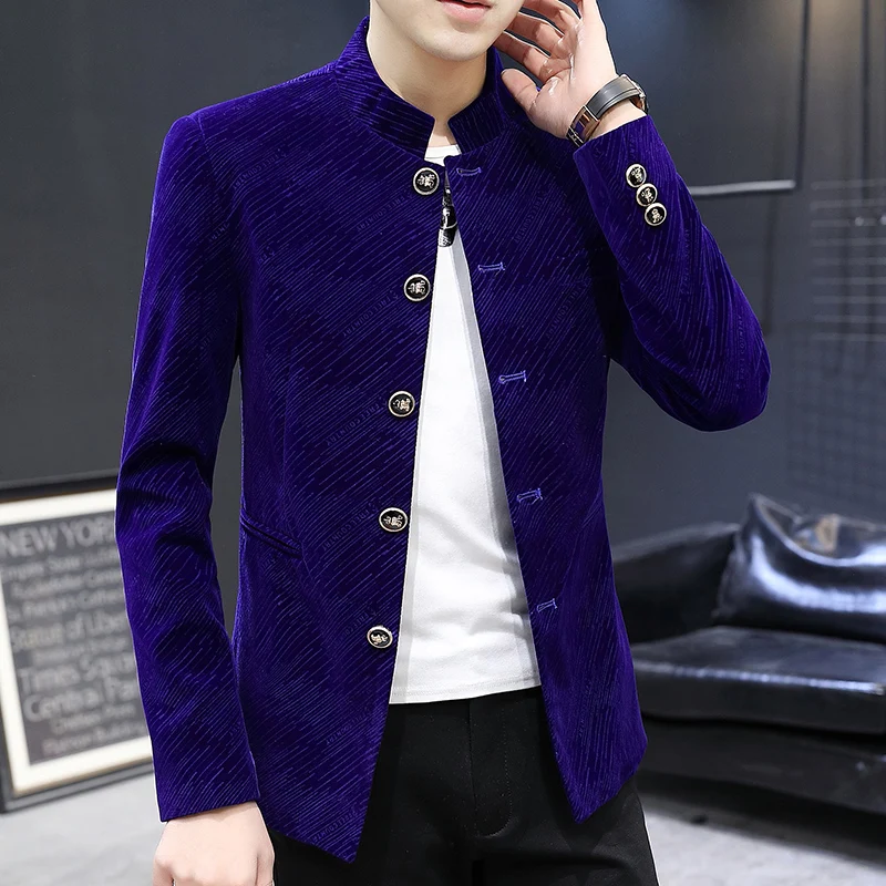Men's Smart Casual Stand Collar Blazer Fleece Thickened Korean Style Zhongshan Suit Spring Autumn Winter Young Trendy Coat
