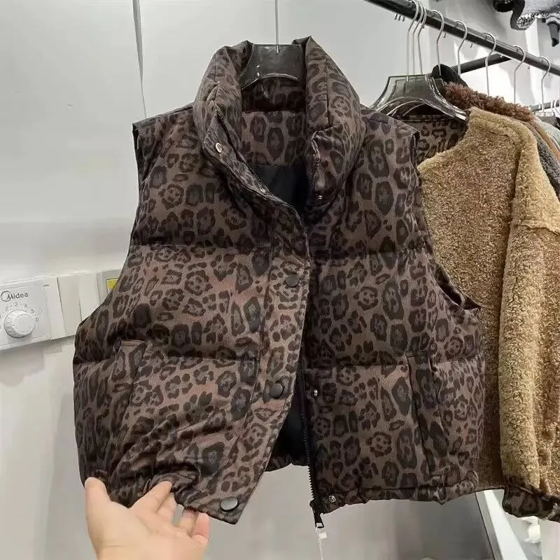 

New Fashion Quilted Vest Women Short Leopard Print Stand-Up Collar Waistcoat Cotton Sleeveless Warm Jacket