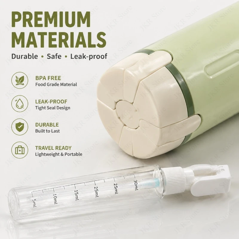 

4-in-1 Travel Bottles for Personal Care Non-Metal Soap Dispensers Leakproof with Secure Caps for Shampoo Lotion Perfume