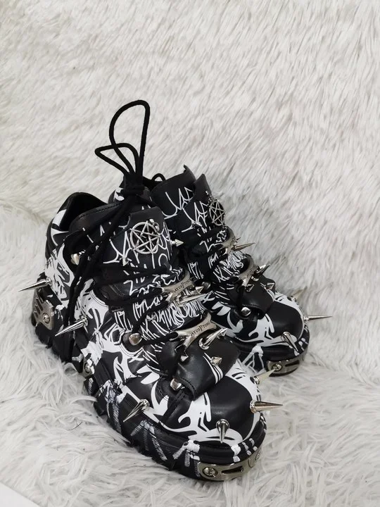 Punk Rock Metal Rivet Motorcycle Boots 2025 New Fashion Platform Round Sports Casual Ankle Boots Mixed Color Print Short Boots