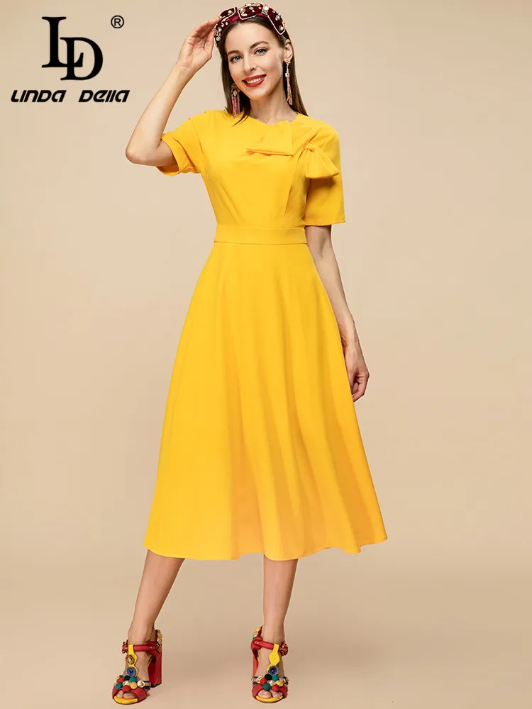 

LD LINDA DELLA Fashion Runway Designer Summer Dress Women O-neck Short sleeve Solid color Casual wear Midi Dress