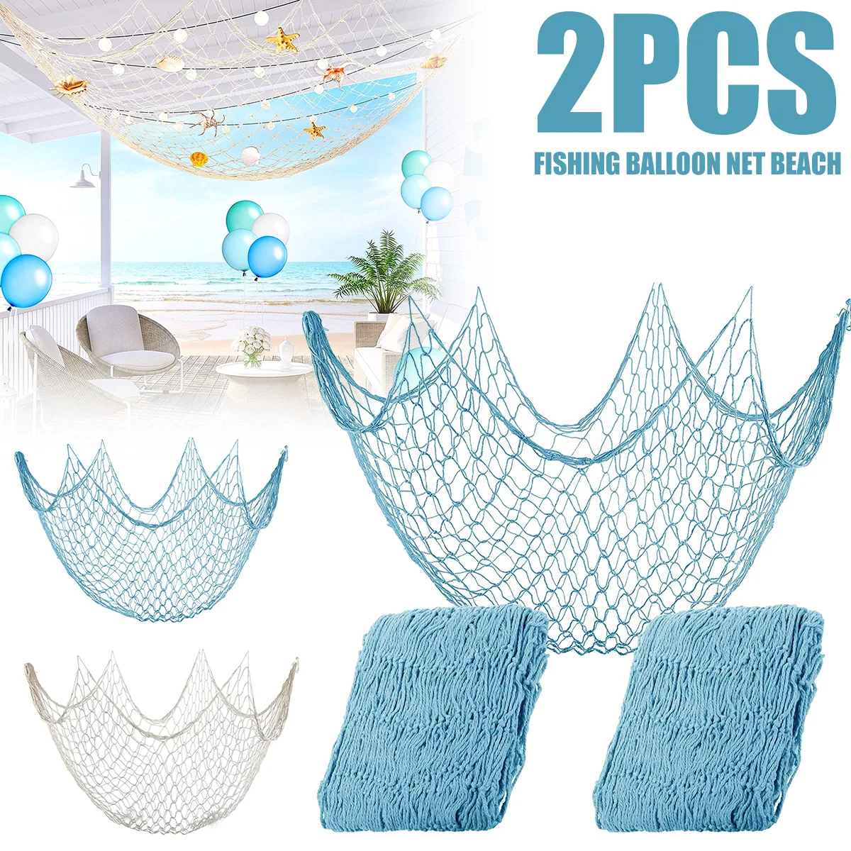 2 Pcs Fish Net Decoration Cotton Ocean Theme Wall Hung Fishing Net Fish Net Party Beach Mermaid Party House 39.4 x 78.7 inches