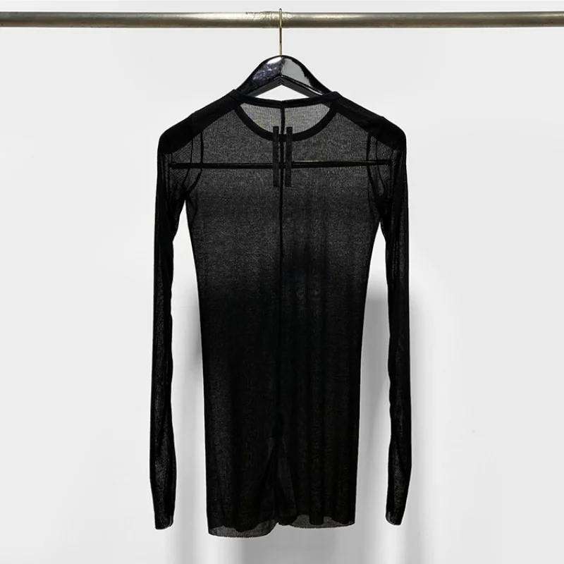 Men See Through Knitted Long Sleeve T Shirt Slim Fit Center Seam Irregular Hem Avant Garde Darkwear Streetwear Tops