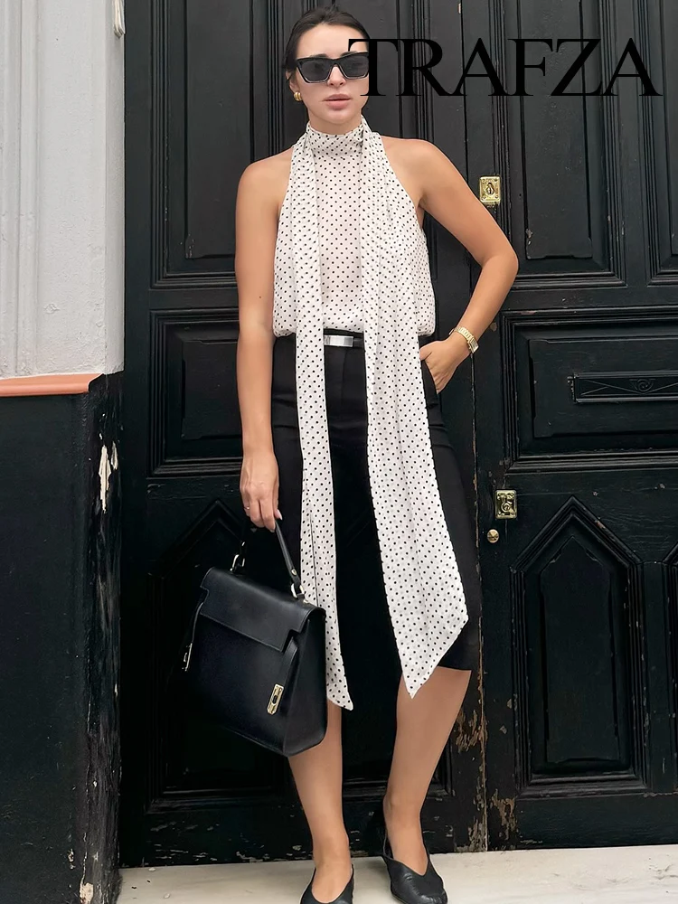 

TRAFZA Women Summer Halter Neck Bow Decorative Polka Dot Print Sleeveless Top Female Elegant Off-Shoulder Sexy Sling Vest Mujer