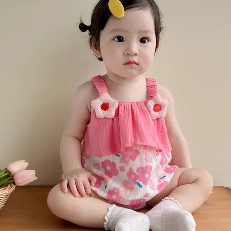 الوليد حبال الأزهار بذلة وقبعة الرضع الشاش القطن الدانتيل Princes رومبير 0-24 شهر طفل الفتيات ملابس الصيف #6