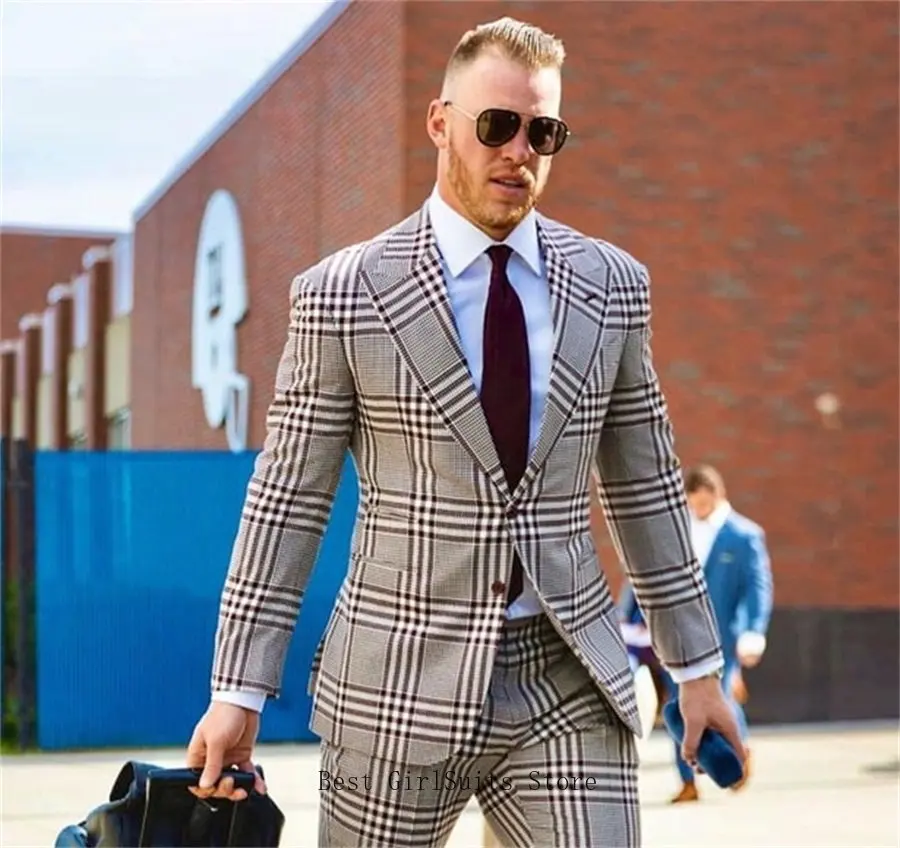 Traje a cuadros grises para hombre, ropa informal de oficina, esmoquin ajustado, 2 piezas (Blazer + Pantalones), botonadura única, Formal, para graduación y noche, hecho a medida