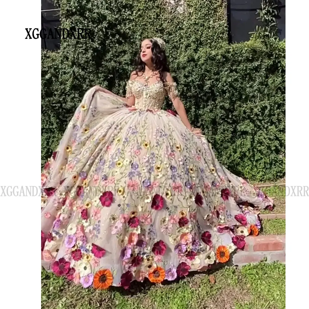 XGGandXRR Champagne Princess Quinceanera Dresses 2024 3D Floral Ball Gown Sweet 16 Dress Vestidos De 15 Anos Quinceañera Pageant