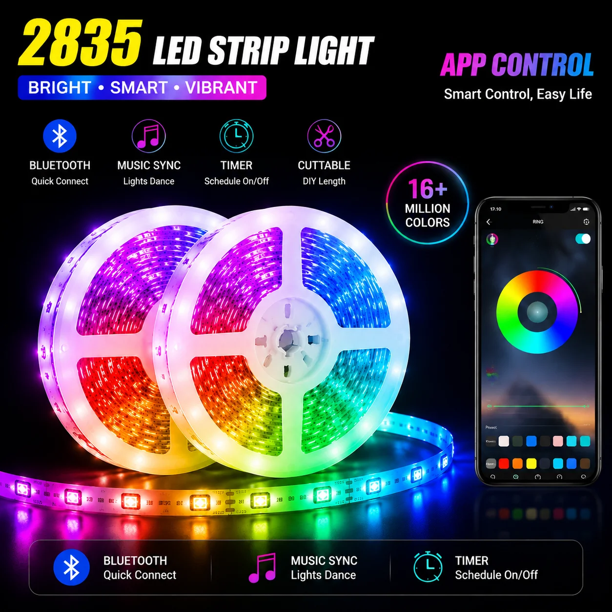 USB 2835 RGB LED Strip with Bluetooth Control Music Sync Dimmable Million Gradient Colors for Bedroom Festival Decor