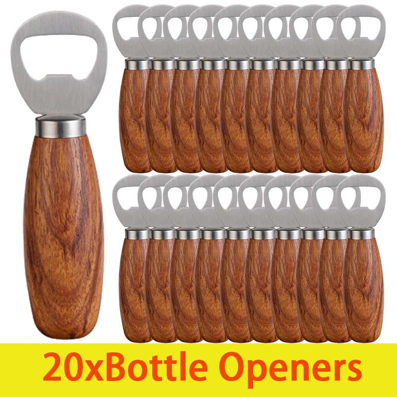 

20Pcs Stainless Steel Beer Bottle Opener with Wooden Handle Handheld Corkscrew Wine Cans Cap Openers Durable Bar Kitchen Tools