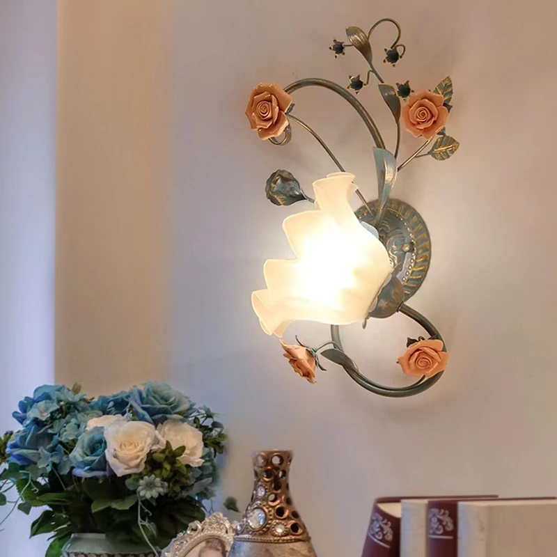 Pastoral Style Pink Ceramic Wall Lamp Living Room Bedroom Bedside Wall Light Mediterranean Child Room Decor Home Nordic For Home