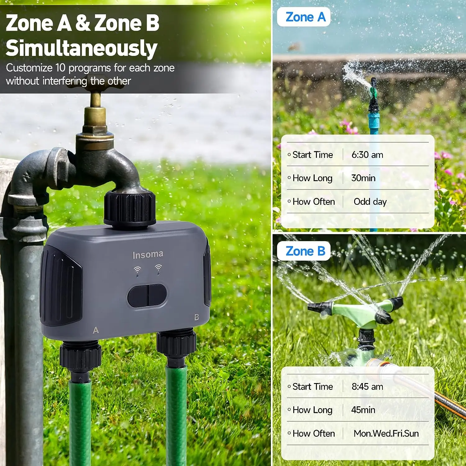 Insoma Automatic Water Timer 2-Outlet Garden Irrigation Watering System Sprinkler Programmer Tools Faucet Hose Timer