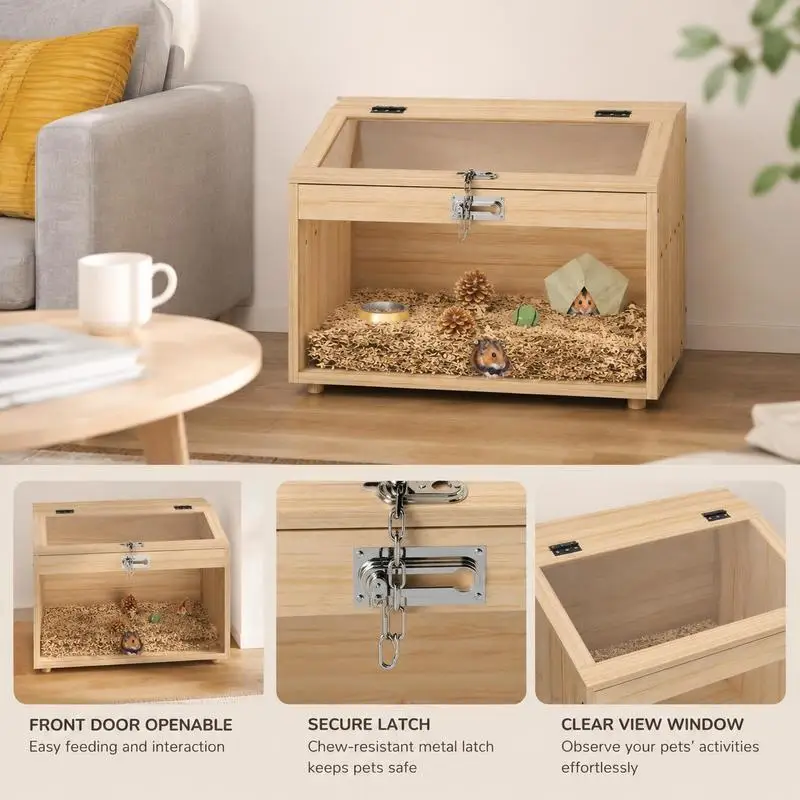 Cage en bois pour hamster, cage pour souris avec couvercle ouvrable, fenêtre en acrylique 55 x 35 x 35 cm, effet bois naturel